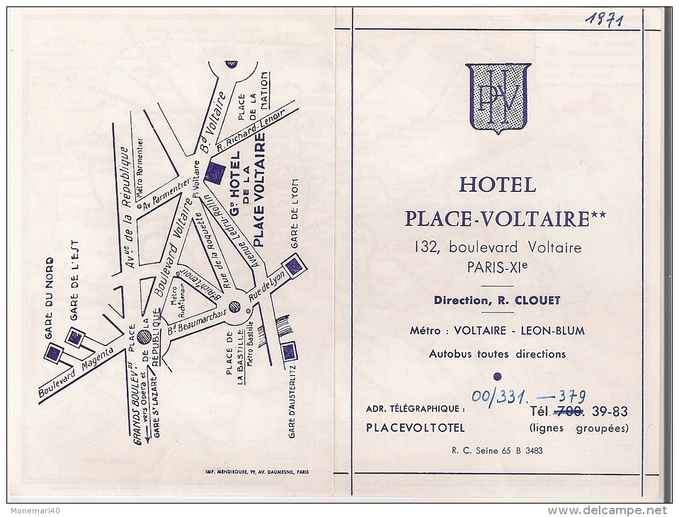 METROPOLITAIN DE PARIS (Plan Du Réseau, Offert Par L'Hôtel Place-Voltaire (1971) - Direction, R. CLOUET. - Europe