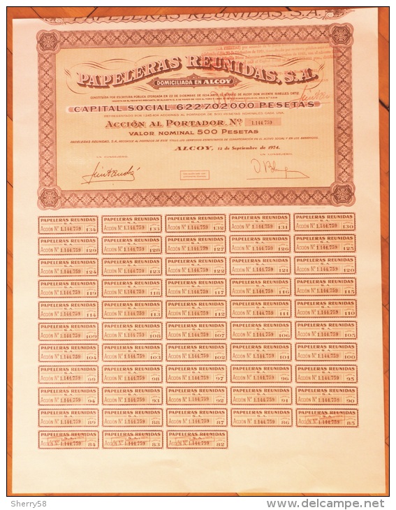 1974-PAPELERAS REUNIDAS. ALCOY. ALICANTE. ESPAÑA- ACCIÓN CON TODOS SUS CUPONES DEL AÑO 1974 - Industry