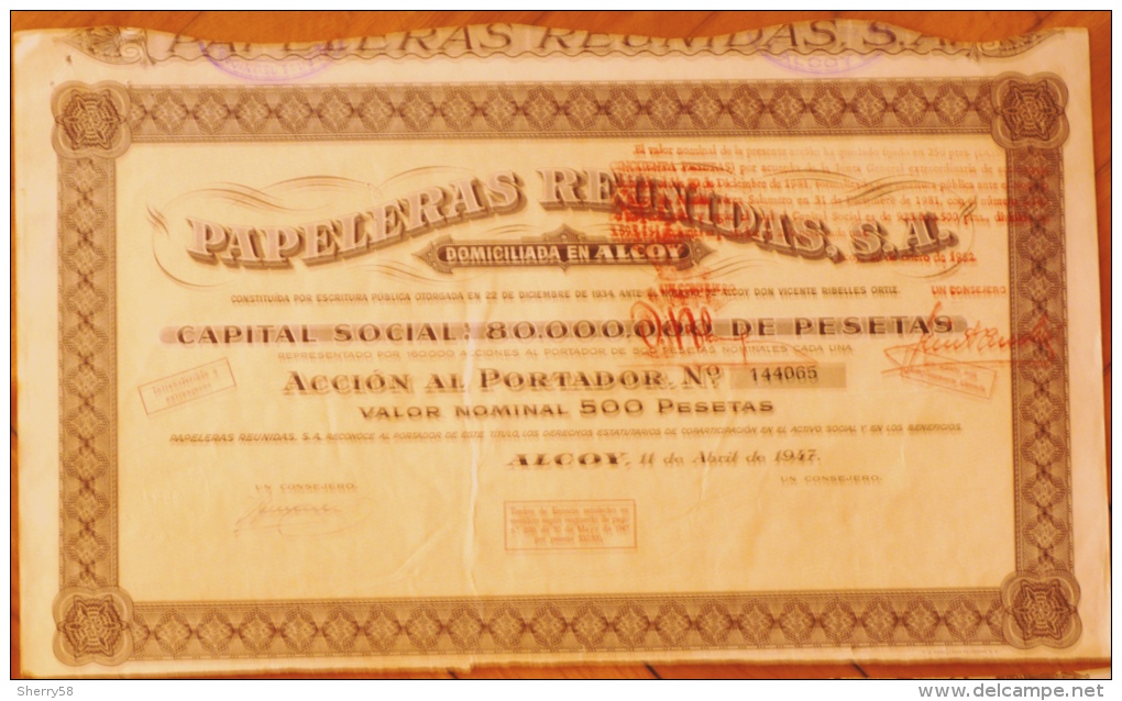 1947-PAPELERAS REUNIDAS. ALCOY. ALICANTE. ESPAÑA- ACCIÓN  DEL AÑO 1947 - Industrie