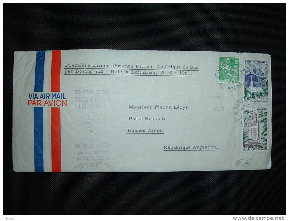 LETTRE TARIF 1,60F OBL.19-5-1961 PARIS VIII (75) 1ERE LIAISON AERIENNE FRANCE AMERIQUE DU SUD PAR BOEING 720 B LUFTHANSA - Erst- U. Sonderflugbriefe