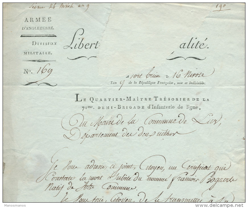 919/21 - Document 21 ST BRIEUX An 9 Vers LIER - Port Encre 9 Sols Pour Anvers , 10 Sols Au Total Pour LIER - 1794-1814 (French Period)