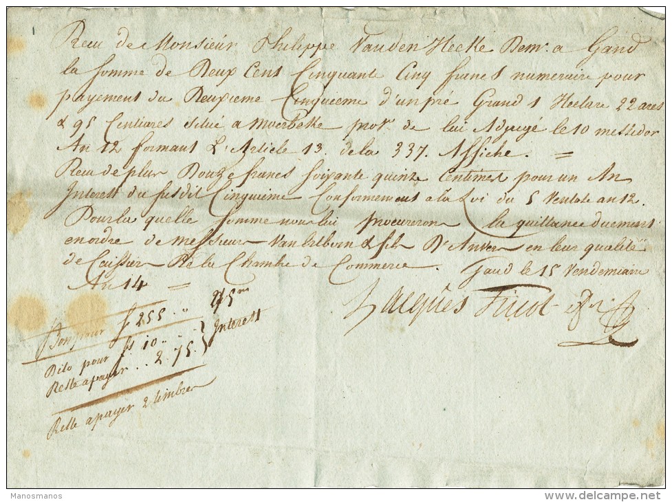 921/21 - GAND An 14 - Reçu De Mr Van Den Hecke Un Paiement De 255 Fr Pour Prairie à MOERBEKE - 1794-1814 (Période Française)