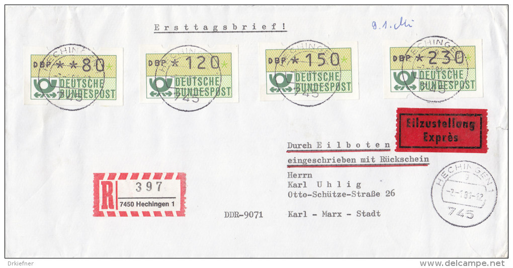 BRD ATM 1.1 Hu TS1 Auf 3 Eilbriefen Eingeschrieben Mit Rückschein, Ersttagsstempel 2.1.1981, Portogerecht - Machine Labels [ATM]