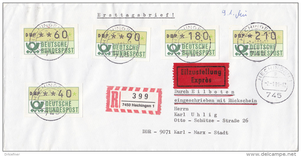 BRD ATM 1.1 Hu TS1 Auf 3 Eilbriefen Eingeschrieben Mit Rückschein, Ersttagsstempel 2.1.1981, Portogerecht - Machine Labels [ATM]