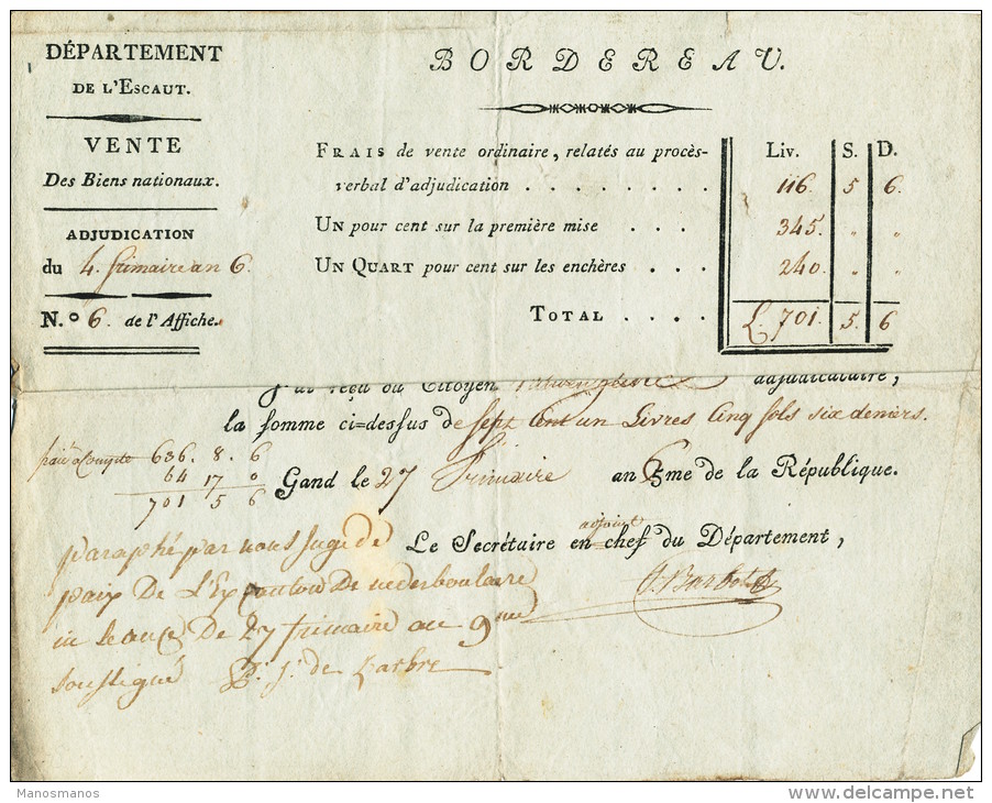 923/21 - GAND An 6 - Reçu De Mr Vandenheecke Un Paiement  Pour Parcelle à NEDERBOELAERE - 1794-1814 (Période Française)