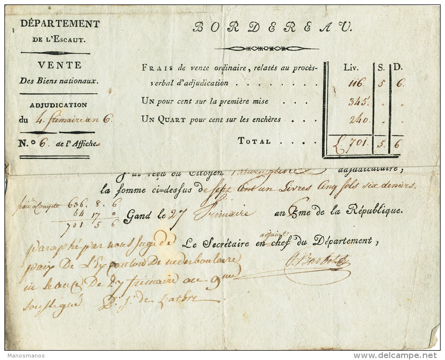 923/21 - GAND An 6 - Reçu De Mr Vandenheecke Un Paiement  Pour Parcelle à NEDERBOELAERE - 1794-1814 (French Period)