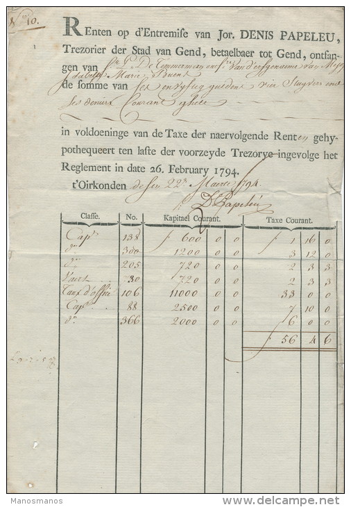 924/21 - Document GAND 1794 - Renten Op D' Entremise Van Denis Papeleu , Trezorier Der Stad Van Gend - 1790-1794 (Oostenrijkse Revolutie En Franse Inval)