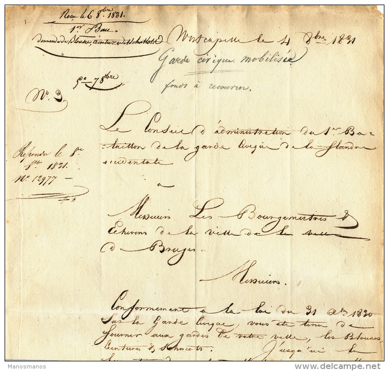 932/21 - Document Historique Garde Civique De WESTCAPELLE 1831 Vers Bourgmestre Et Echevins De BRUGES - 1830-1849 (Independent Belgium)