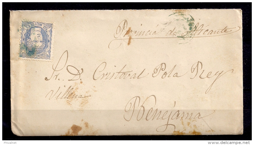 1870 VALENCIA A BENEJAMA, CARTA COMPLETA CIRCULADA, EDIFIL 107, 50 MILÉSIMAS - Cartas & Documentos