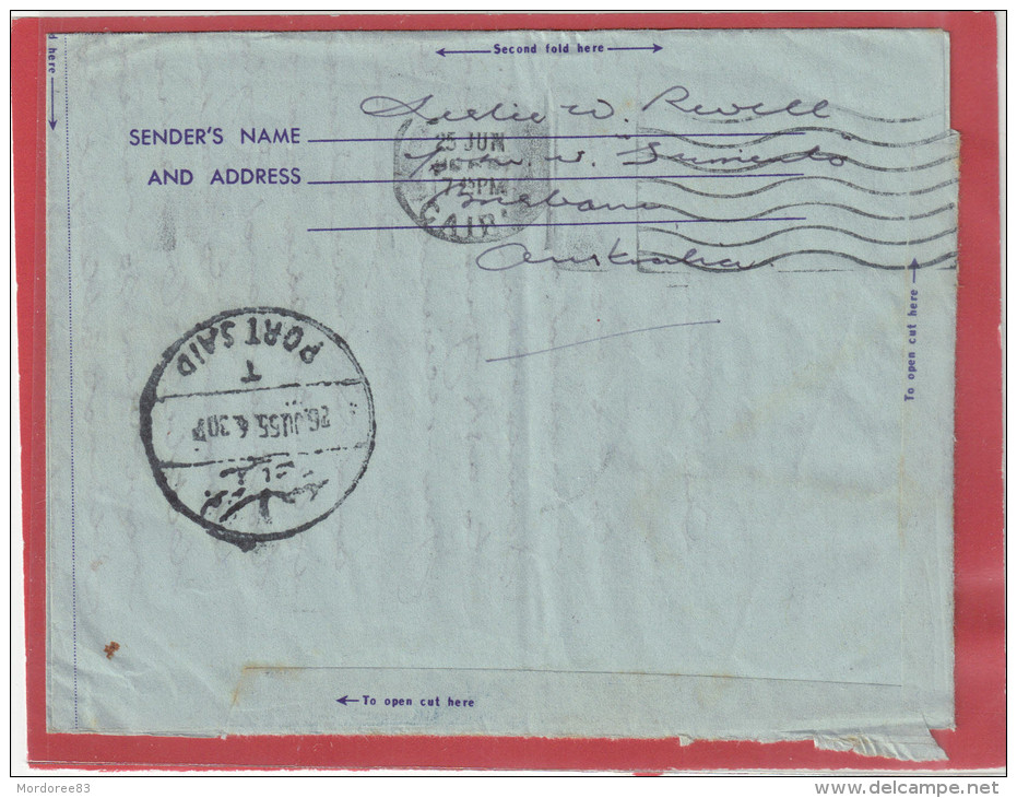 AUSTRALIA BY AIR MAIL 2S AEROGRAMME BRISBANE 1955 FOR EGYPT PORT SAID - Aerograms