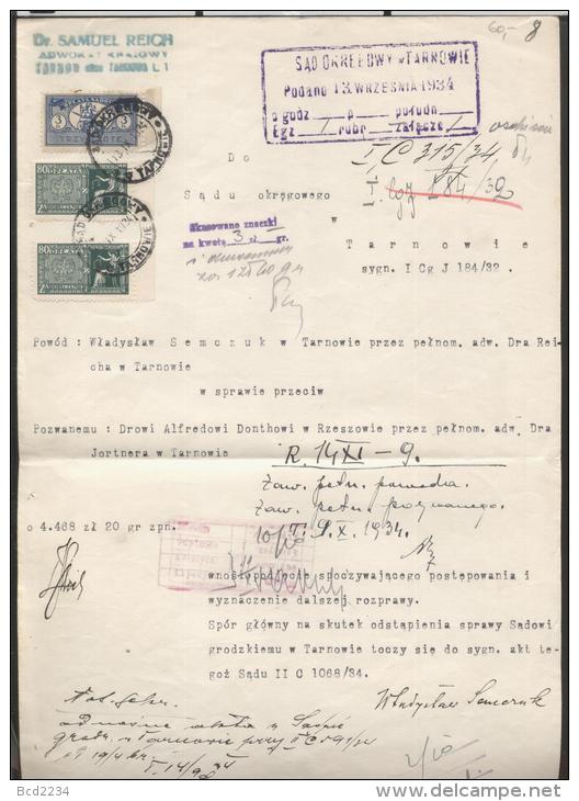 POLAND 1934 COURT SUMMONS DOCUMENT WITH 2 X 80GR COURT DELIVERY REVENUE BF#14 + 3 ZL COURT JUDICIAL REVENUE - Fiscaux