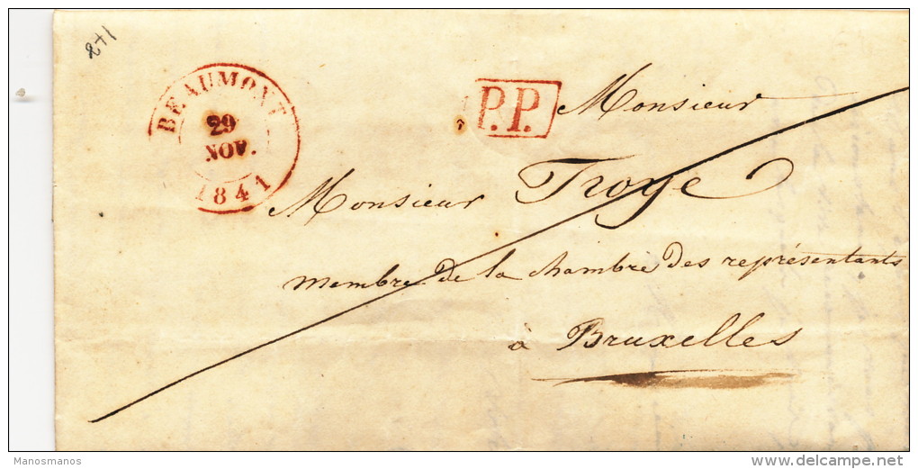 940/21 - Lettre Précurseur BEAUMONT PP 1841 Vers BRUXELLES - Signée Lebacq - Port 4 Au Verso - 1830-1849 (Belgica Independiente)