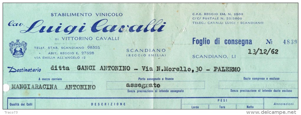 SCANDIANO  /    Fattura  _  " Cav. Luigi CAVALLI - Stabilimento Vinicolo " - Italia
