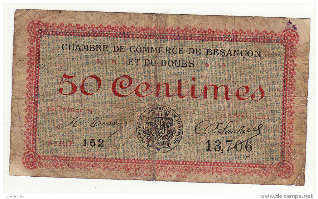 3 Billets 50 Cinquante Centimes Chambre De Commerce De Paris De Besançon Du Puy De Dôme Billet - Cámara De Comercio