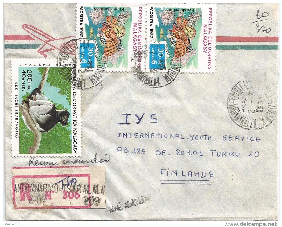 Madagascar 1984 Antananarivo Tsaralalana Lemur Pterois Tuna Fish Registered Cover - Madagaskar (1960-...)