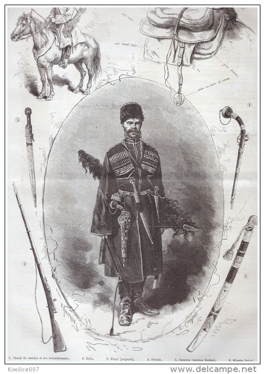 GRAVURE D Epoque  1877 Equipement    Russie Russe Type De Cosaque De La Garde Imperiale  Kinjal  Sihaska - Non Classés