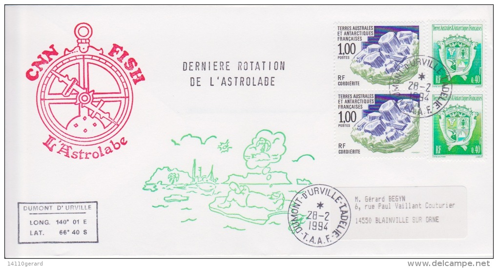 PLIS  ANTARCTIQUE DERNIER ROTATION DE L'ASTROLABE  DUMONT D'URVILLE  28-2-1994 - Covers & Documents