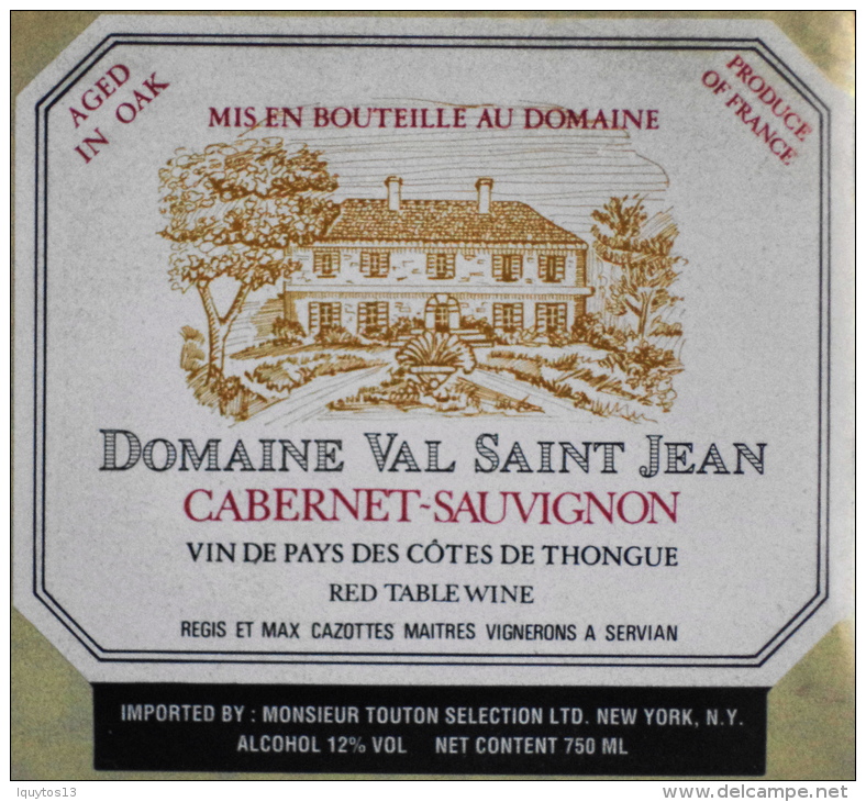 ETIQUETTE De VIN " CABERNET-SAUVIGNON " - DOMAINE VAL SAINT JEAN  CÔTES De THONGUE- Parfait état  - - Vin De Pays D'Oc