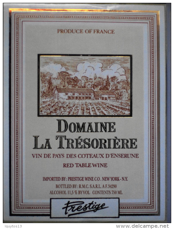 ETIQUETTE De VIN " DOMAINE LA TRESORIERE " - Vin De Pays Des COTEAUX D'ENSERUNE - Parfait état  - - Vin De Pays D'Oc