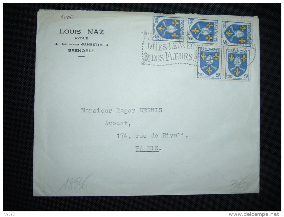 LETTRE TP BLASON SAINTONGE 5F X5 OBL.MEC. 23-3-1957 GRENOBLE RP (38 ISERE) LOUIS NAZ - 1941-66 Coat Of Arms And Heraldry