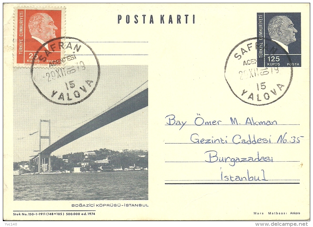 Turkey; Postal Stationery Sent From Yalova To Istanbul - Postwaardestukken