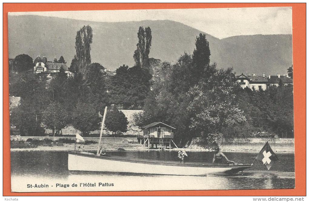 FEL888, St-Aubin, Plage De L'Hôtel Pattus, Barque De Pêcheur, Animée, Circulée 1914 - Saint-Aubin/Sauges