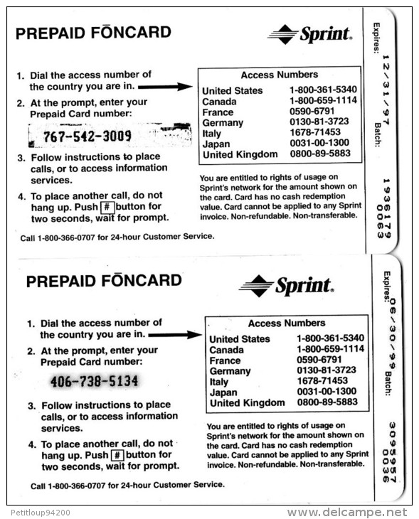 CARTES PREPAYEES   ETATS-UNIS 10/20 Units  SPRINT  (lot De 2)  ***** - Sprint