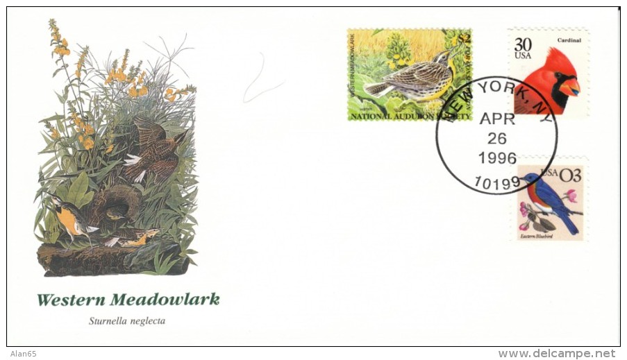 Western Meadowlark Bird Cover National Audubon Society $2 Stamp, #2478 &amp; #2480 Blue Bird &amp; Cardinal US Postage S - Songbirds & Tree Dwellers