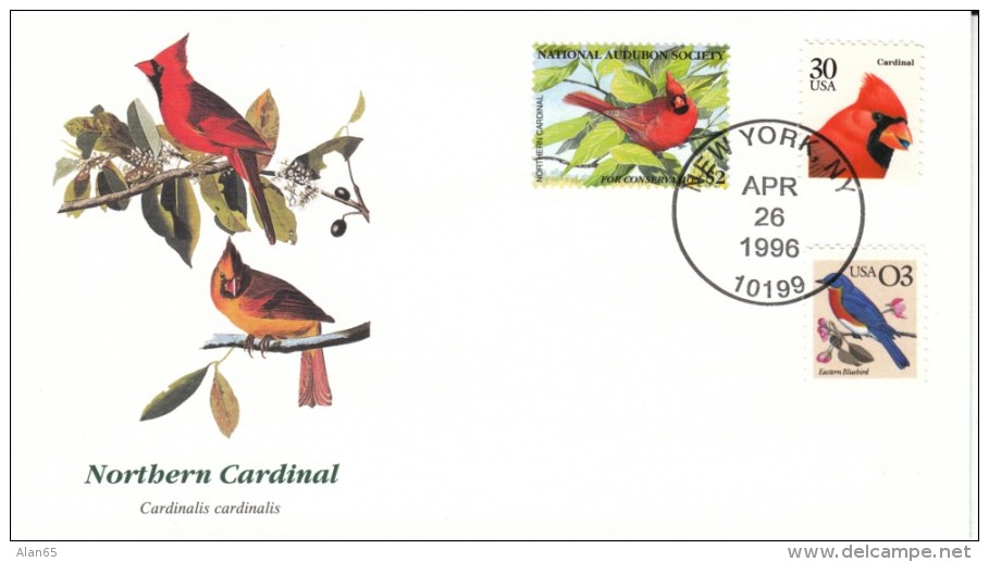 Northern Cardinal Bird Cover National Audubon Society $2 Stamp, #2478 &amp; #2480 Blue Bird &amp; Cardinal US Postage St - Sperlingsvögel & Singvögel