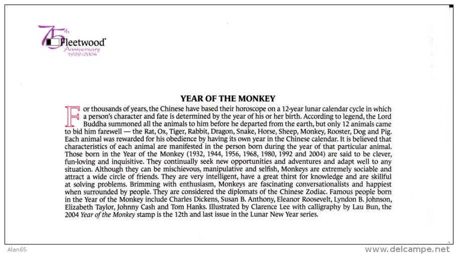 #3832 Lunar New Year Of The Monkey US Postage Stamp First Day Cover 13 January 2004 - 2001-2010