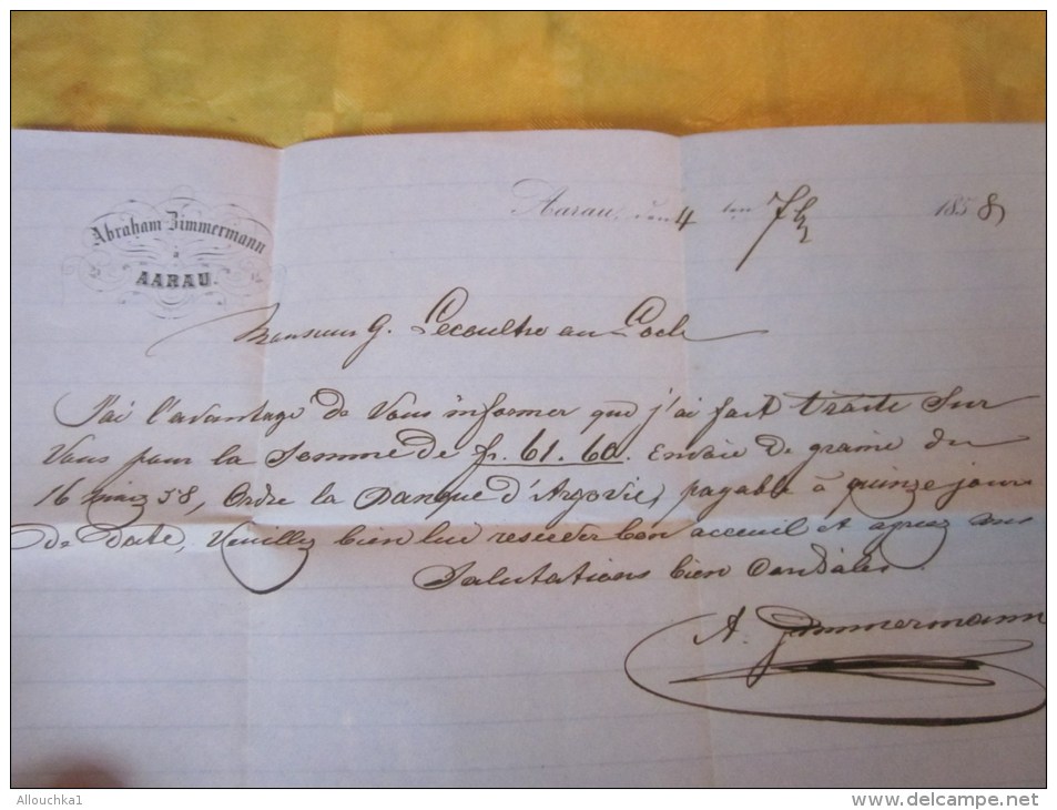 8 sep 1858 Lettre (mignonnette)+ Courrier de Abraham Zimmerman Aarau Suisse Helvetia-Cachet à date verso Locle Neuchâtel