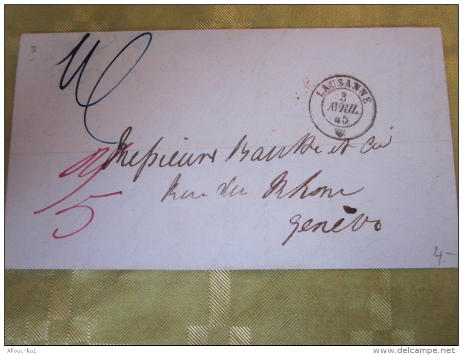 3 Avril 1845 Lettre (mignonnette)+Courrier De Lausanne  Suisse Helvetia-Pr Genève Cachet CAD Rouge(Taxe)+ Cachet De Cire - 1843-1852 Correos Federales Y Cantonales