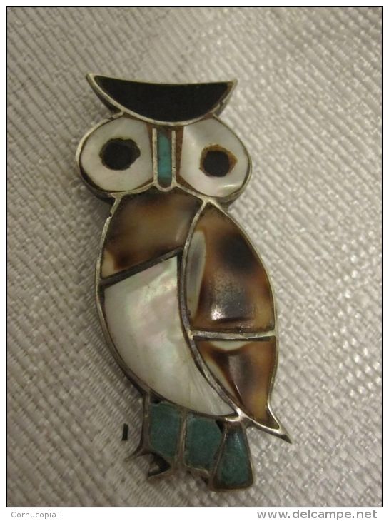 \""OWL\" SPECTACULAR NACRE & GEMSTONES STERLING SILVER PIN BROOCH - Brochen