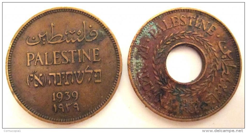LOT OF 2 COINS: 1 MIL 1939 &amp; 5 MILS 1944. ISRAEL, PALESTINE, VINTAGE COINS - Israel