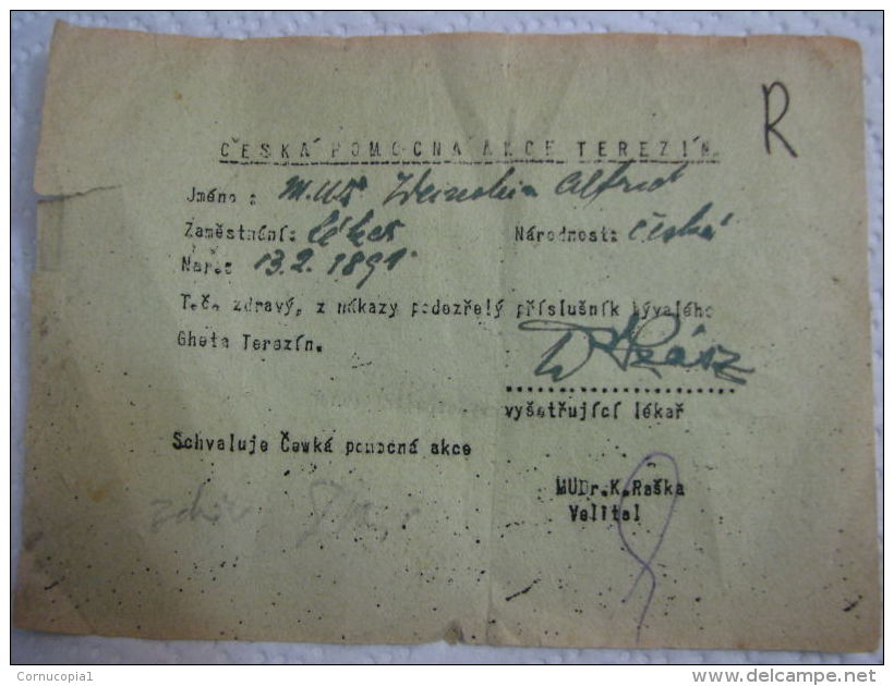 WWII Czech Help Action,Terezín Document Judaica - Historische Dokumente