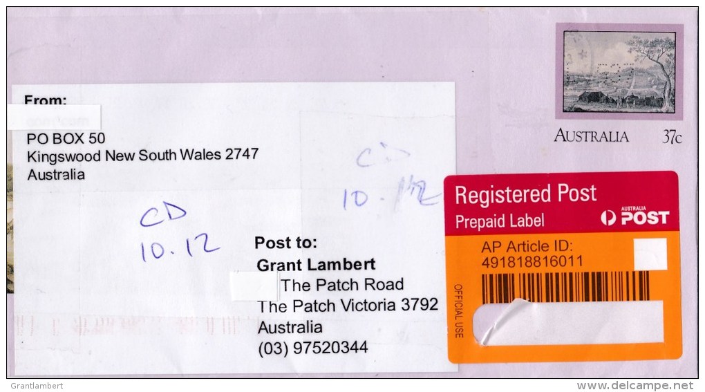 Australia 2013 Sydney Cove Bicentennial 37c Registered Prestamped Envelope - Lettres & Documents