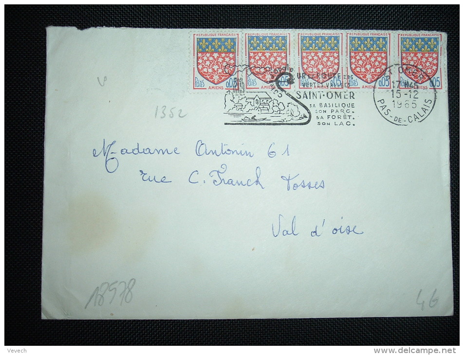 LETTRE TP BLASON AMIENS 0,05F X5 OBL.MEC. 15-12-1965 ST OMER (62 PAS DE CALAIS) - 1941-66 Escudos Y Blasones