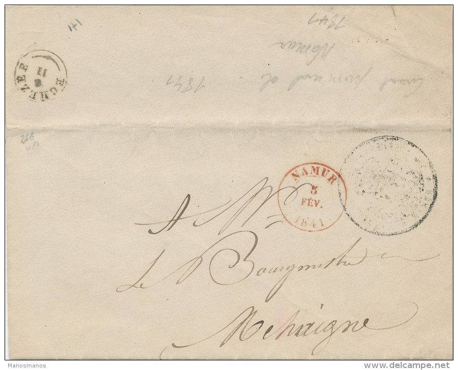 960/21 - Lettre Précurseur NAMUR 1841 Vers MEHAIGNE Via Type18 EGHEZEE  - En Franchise - 1830-1849 (Belgique Indépendante)