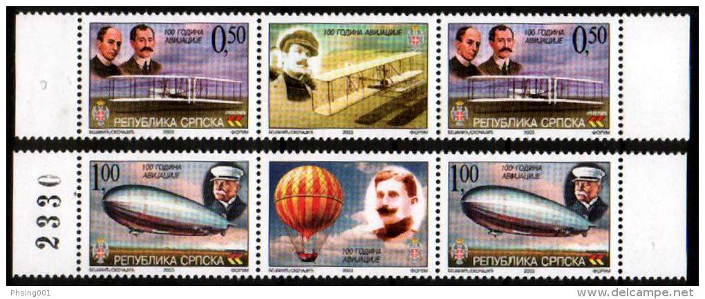 Bosnia Serbia 2003 - 100 Year Of Aviation, Wright Brothers, Airplane, Zepelin, Middle Row MNH - Zeppelins