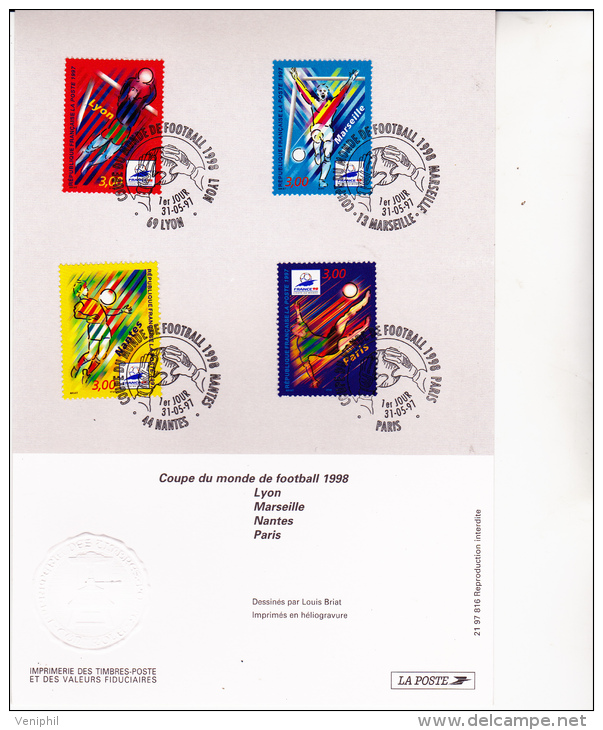 FEUILLET FDC COUPE DU MONDE FOOT 1997 -OBLITERATIONS- LYON-MARSEILLE-NANTES ----PARIS - 1990-1999