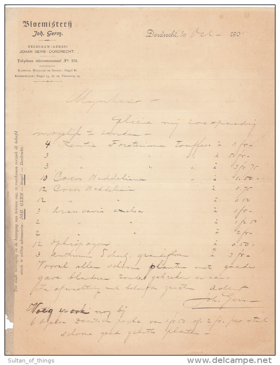 1901 Facture Lettre Invoice Bloemisterij Johan Germ Dordrecht Singel - Netherlands