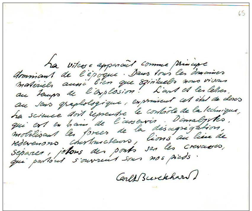 Carl BURCKHARDT (1891-1974) Pensée  Manuscrite Sur La Vitesse ,principe Dominant De Notre Epoque - Manuscrits