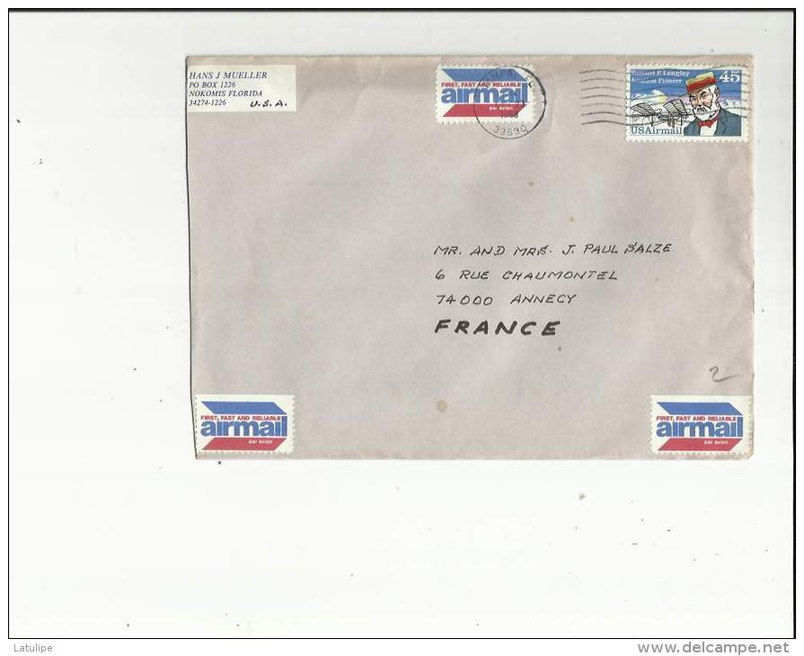 Enveloppe Timbrée De Mr Hans Mueller A Nokomis  Florida U S A   Adressé A Mr J P  Salze A Annecy 74 - Airmail