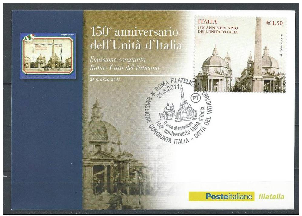 Italy. Scott # 3046 FDC S/sheet Maxicard. 150th. Anniv. Of Unity Of Italy. Joint Issue With San Marino 2011 - Joint Issues