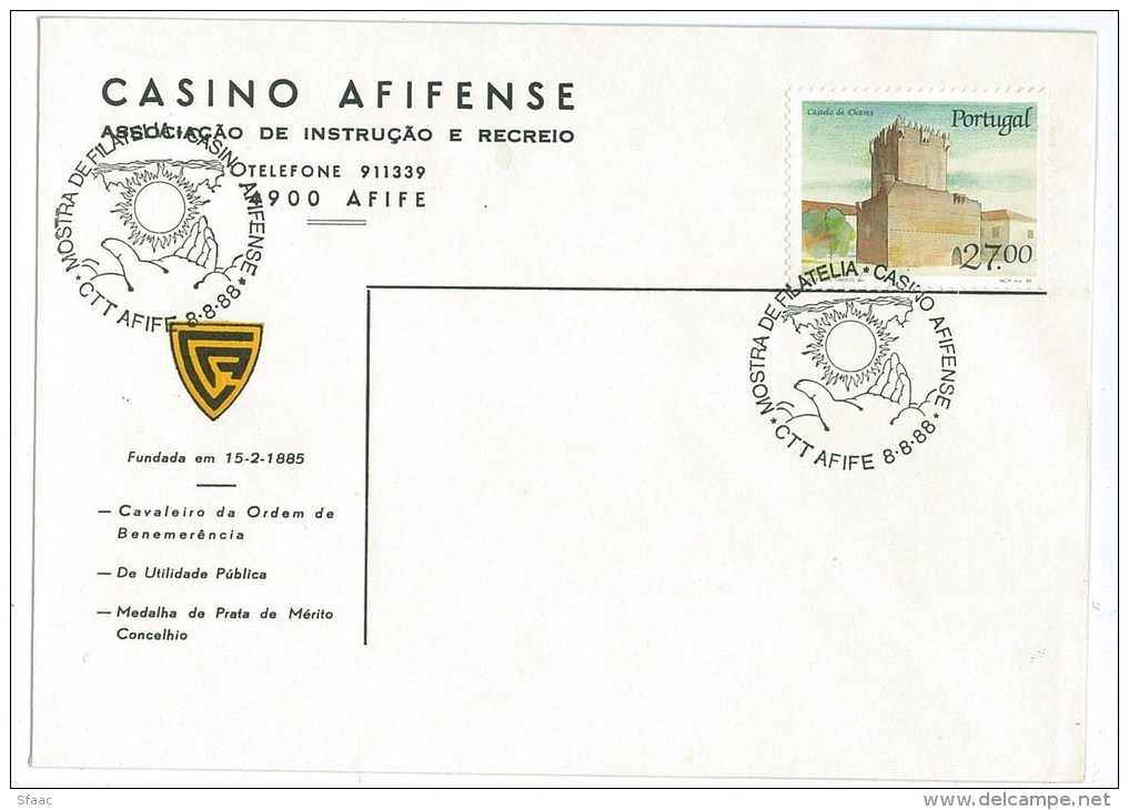 Portugal - Afifense Casino - Sun And Hand - Afife  8-8-88 - Chaves Castle Stamp - Non Classificati