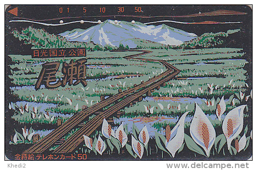 Télécarte Japon LAQUE & OR - Montagne & Champ De Fleurs - Mountain  LACK & GOLD Japan Phonecard Telefonkarte - 159 - Mountains