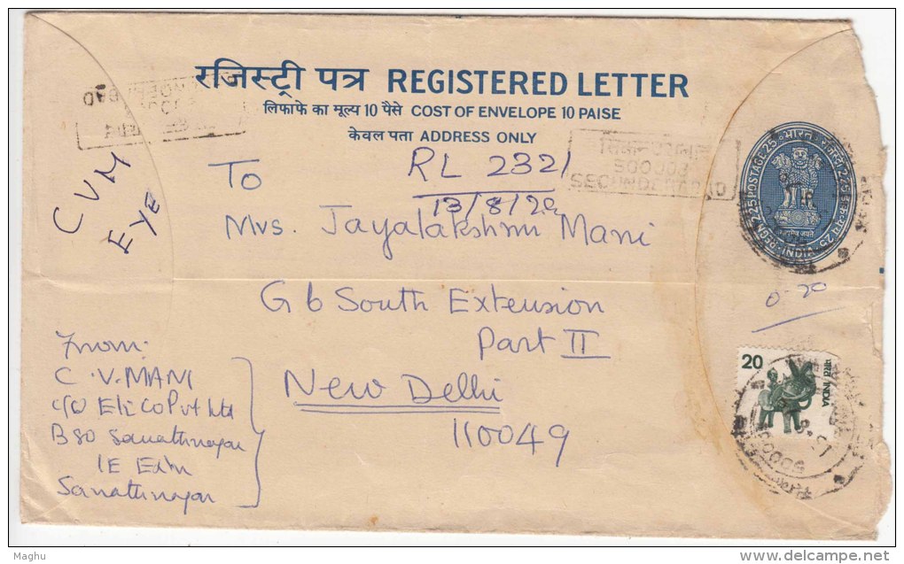 Used Registered Letter, PSE,  India Postal Stationery Envelope,   As Scan - Briefe