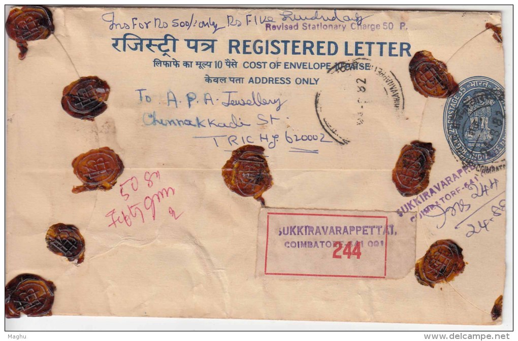 Used Registered Letter + Revised Stationery Charge 0.50, PSE,  India Postal Envelope,  Gold Jewels, Mineral,  As Scan - Sobres