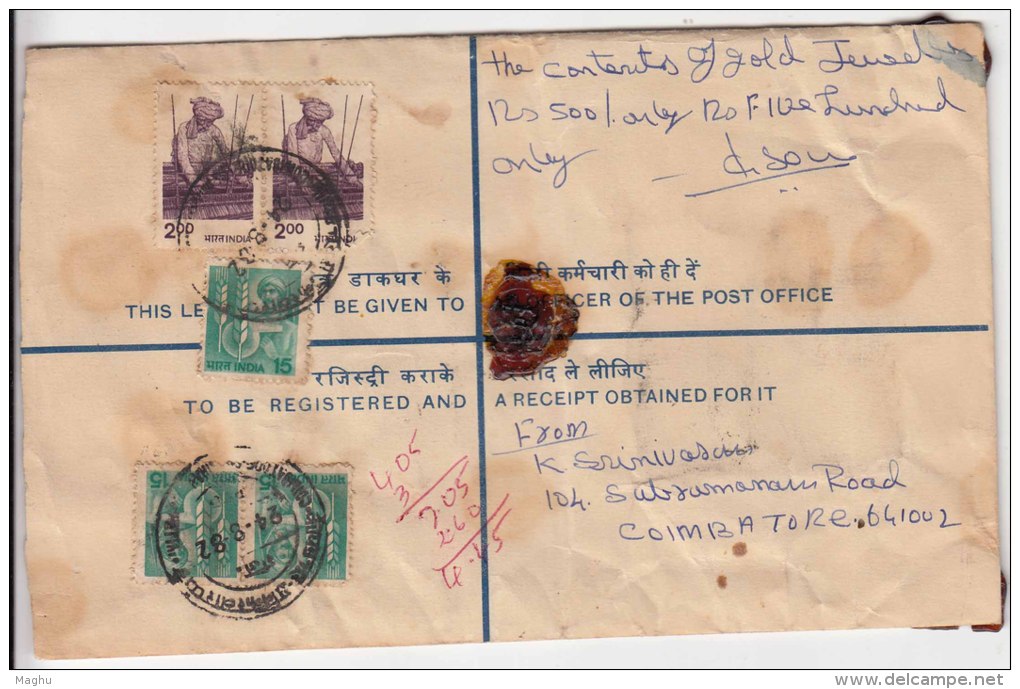 Used Registered Letter + Revised Stationery Charge 0.50, PSE,  India Postal Envelope,  Gold Jewels, Mineral,  As Scan - Sobres