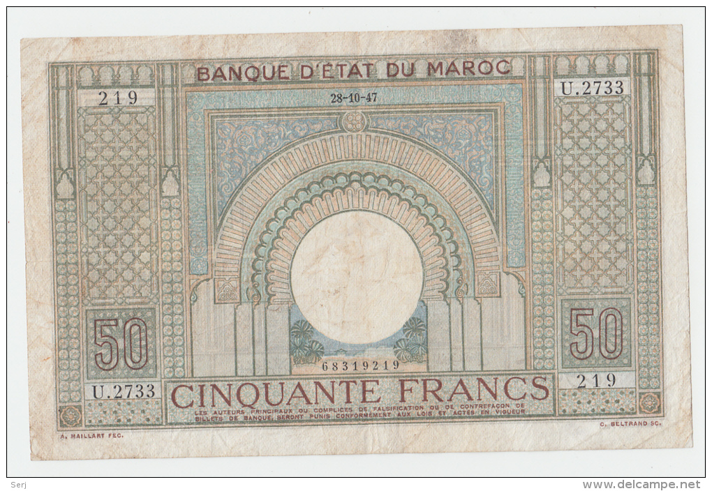 Morocco 50 Francs 28-10-1947 VF RARE Banknote P 21 - Marokko